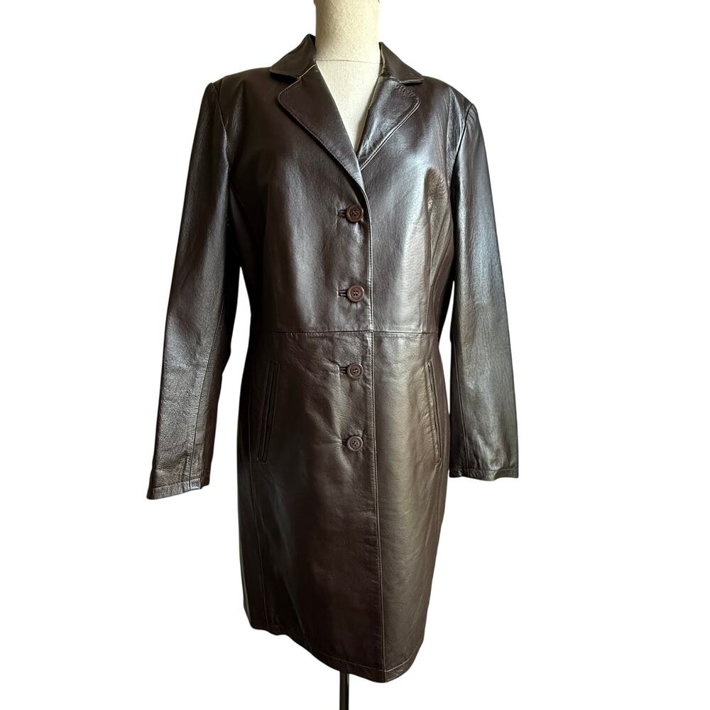 AllSaints Archival 4‑Button Longline Pig Nappa Leather Coat Size 12